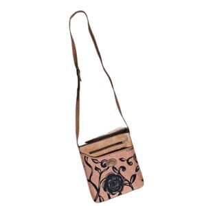 Black velvet Roses Brown Suede Leather Pockets Adjustable Strap Crossbody